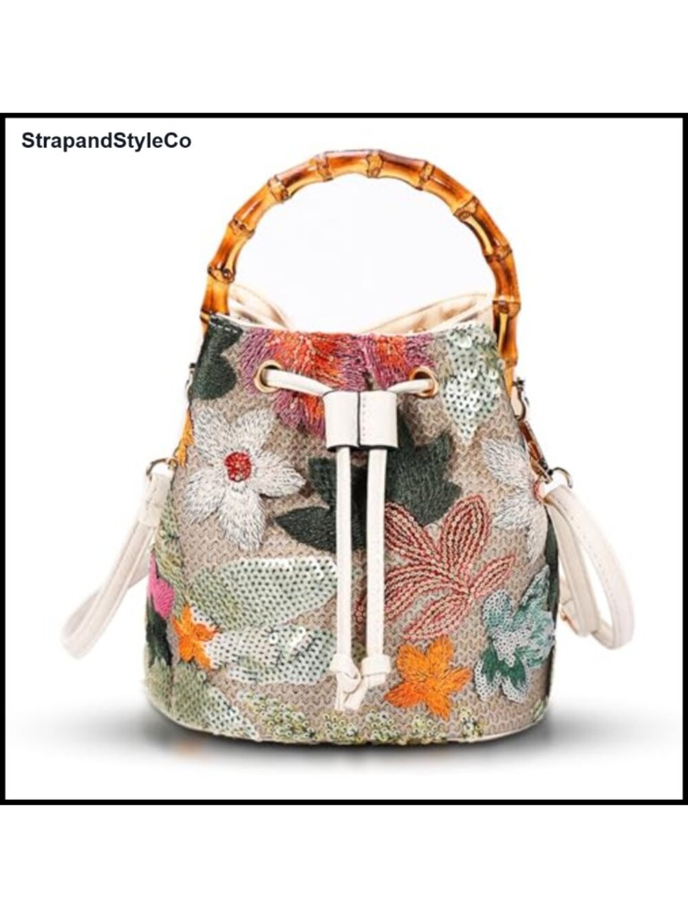 Hand Embroidered Woven Tote Bag with Bamboo Handle